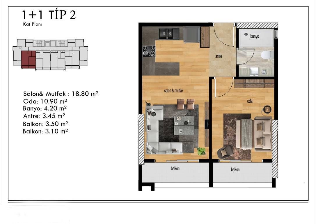 Апартаменты в Мерсине, Турция, 44 м2 фото 5