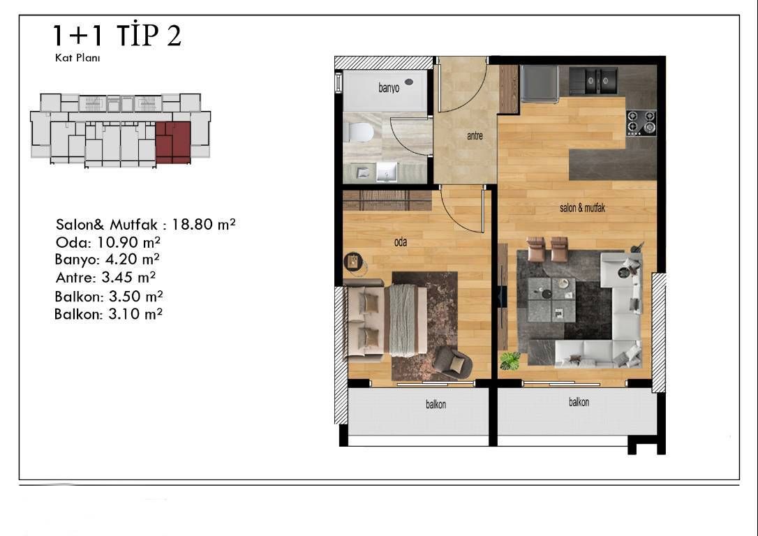 Апартаменты в Мерсине, Турция, 44 м2 фото 4